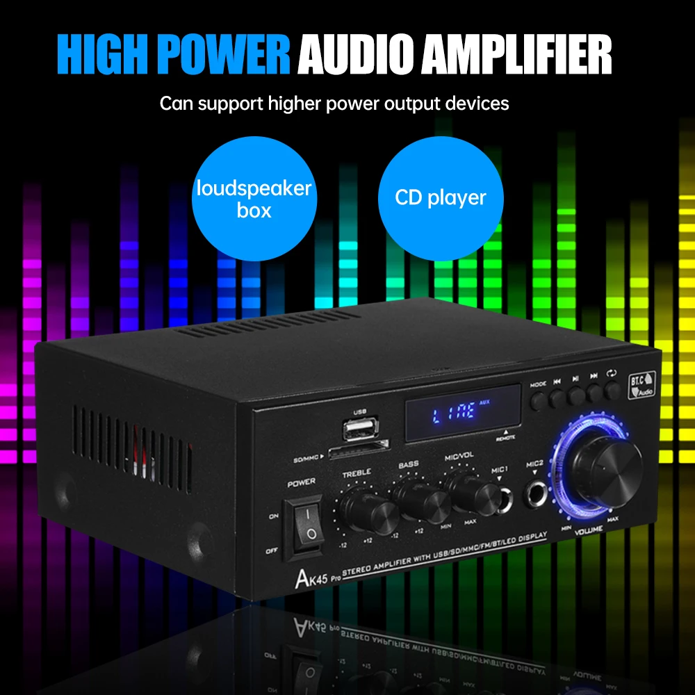 AK45 Pro Digital Amplifier Bluetooth Sound Amplifier 2.0 Bluetooth Audio AMP Bass Speaker Rated Power 50W×2 for Home Car Karaoke