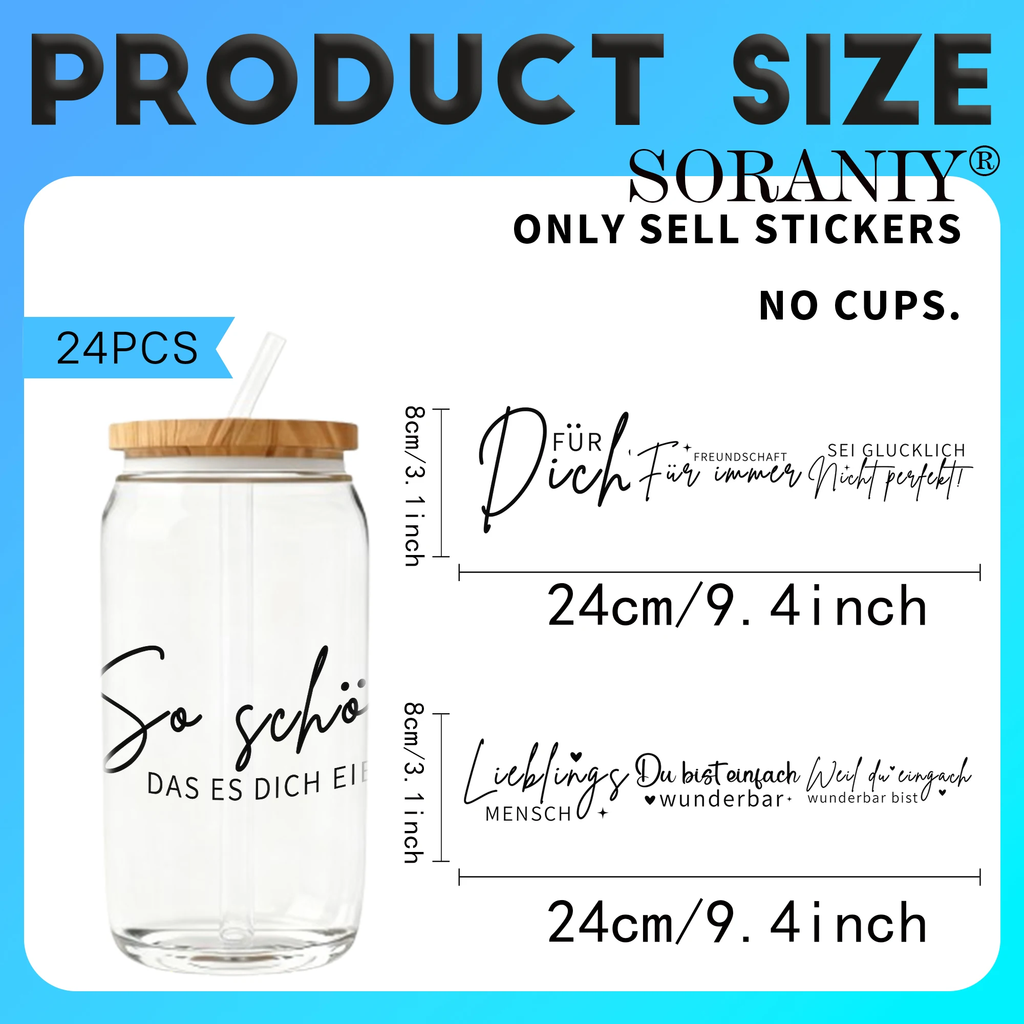 24PCS/Set German Quotes Themed UV DTF 16OZ DIY Transfer Paper Set Used For 16oz Water Bottles Glass