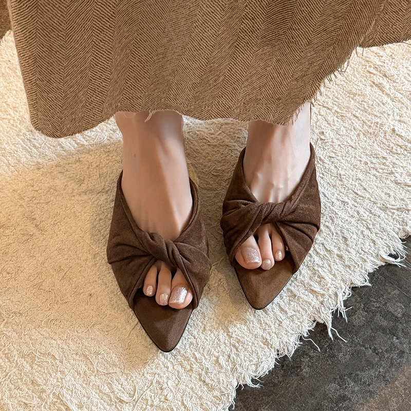 New Sexy Pointed Toe Mule High Heels Women Slipper Fashion Genuine Leather Slip on Slides Summer Party Stripper Sandal Shoes