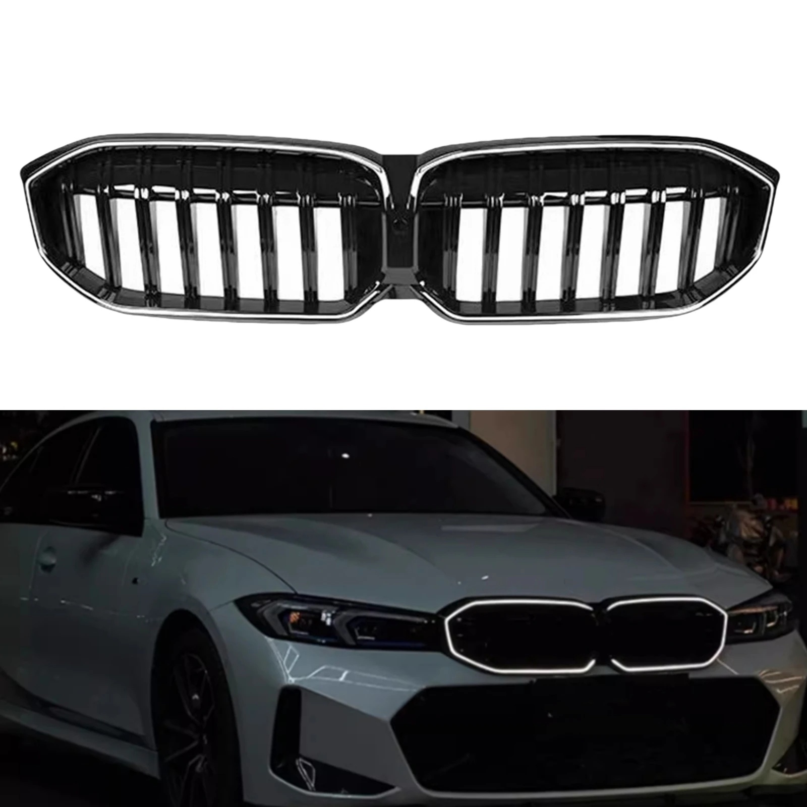 Front Grille Upper Bumper Racing Grill with LED Light + Camera Hole For BMW 3 Series G20 2023-2024