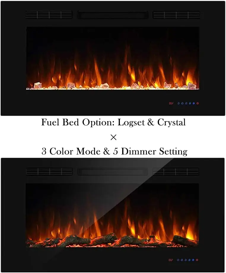 42 Electric Recessed Fireplace, 5 Adjustable Flames, Log or Crystal, Touch & Remote Temperature Control