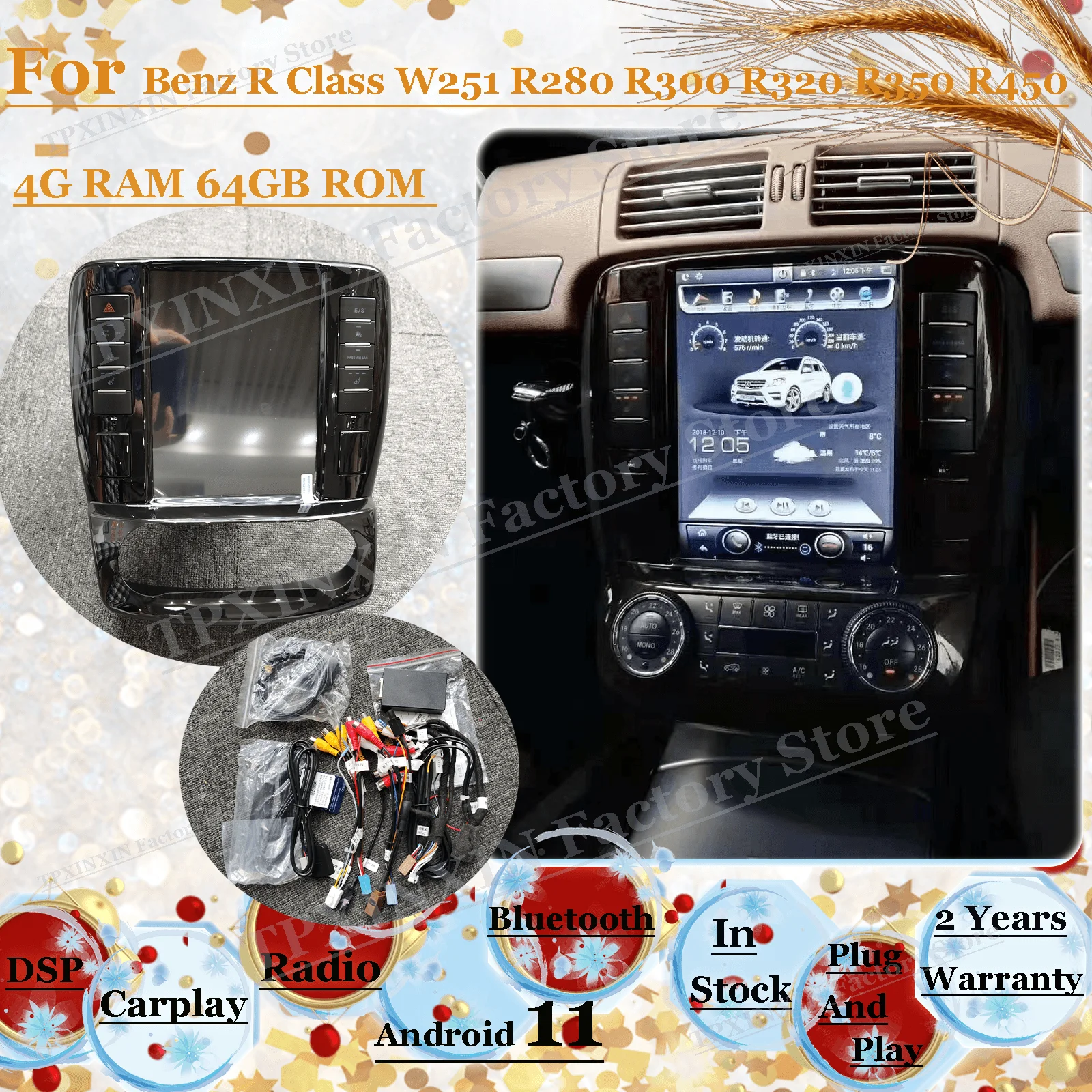 

Automotive Android Tesl- Screen Radio Receiver For Benz R Class W251 R280 R300 R320 R350 R450 2005 2006 2007-2012 GPS Head Unit