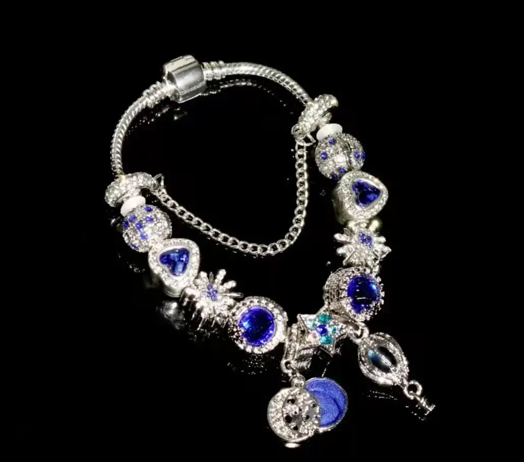 Yexcodes สร้อยข้อมือคริสตัล Hot Air บอลลูนสุภาพสตรีเครื่องประดับของขวัญ Silver Plated พู่ Moon Star สร้อยข้อมือลูกปัดผู้ชาย & ผู้หญิง