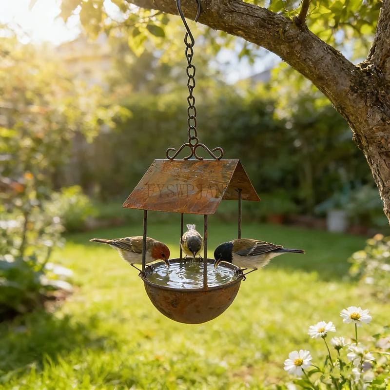 Rustic Distressed Hanging Bird House Feeder, Vintage Rusted Iron Bird Seed Feeder Metal Craft Ornament for Yard Patio Decoration