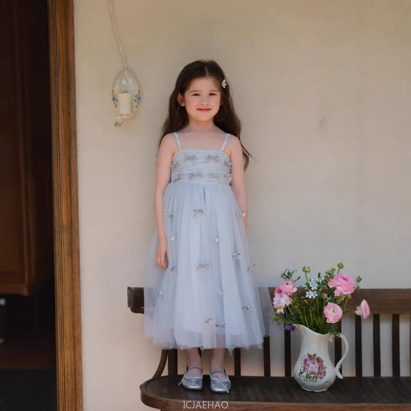 

Party Dress Cute Girls Strapless Princess New Bow French Style Tulle Gown Kids Outfit Elegant Flower Girl Formal Costume Summer