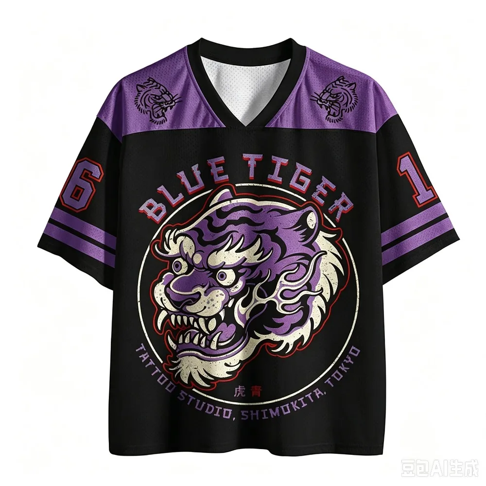 Japanischer Blauer Tiger-Print 3D-Druck Schnelltrocknendes Sport-T-Shirt für Männer und Frauen mit V-Ausschnitt, Modisches Streetwear Y2K Eltern-Kind-Kleidung – Detail 4