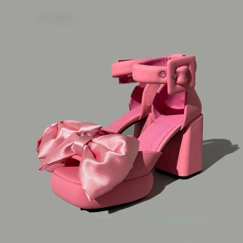 

Black Bow Square Open Toe Thick Heel Sandals Woman Summer 2025 Pink Buckles Hollow High Heels Fashion Shoes for Women