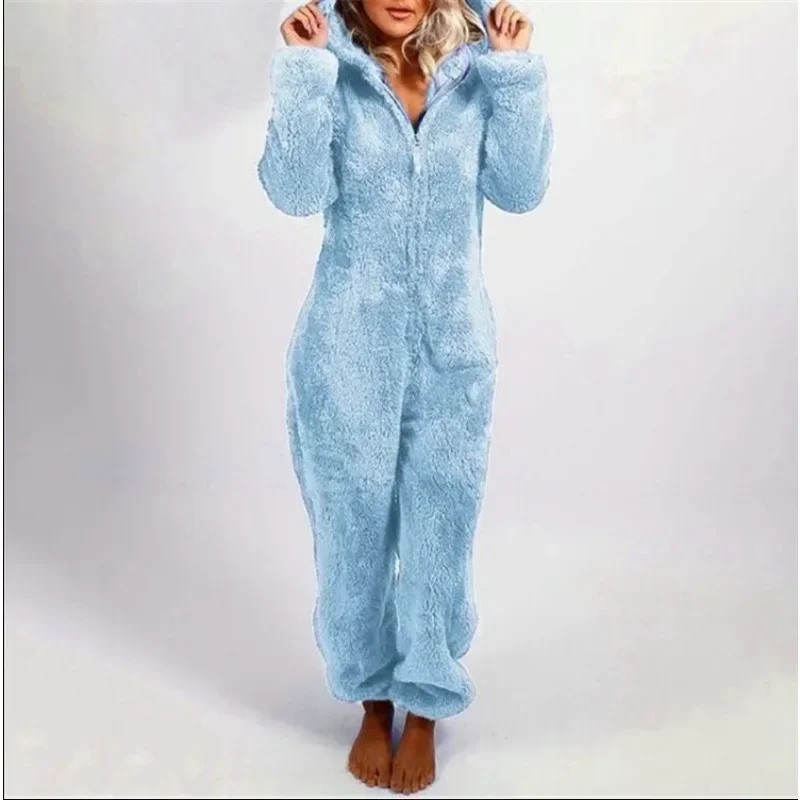2024 zimowy pluszowy zagęszczony pluszowy kombinezon z kapturem bielizna nocna damska z długim rękawem zamek utrzymuj ciepłą piżamę Homewear Onesies