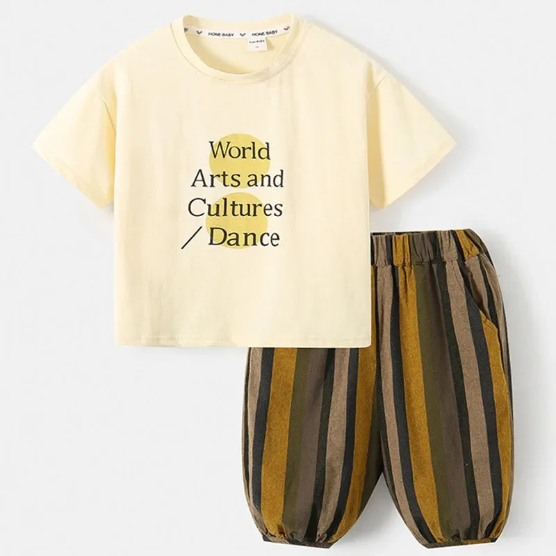 

2PCS Summer Costume Toddler Boy Clothing Korean Fashion Stripe Letter Short Sleeve Tops+Pants Kids Clothes Children's Sets B126