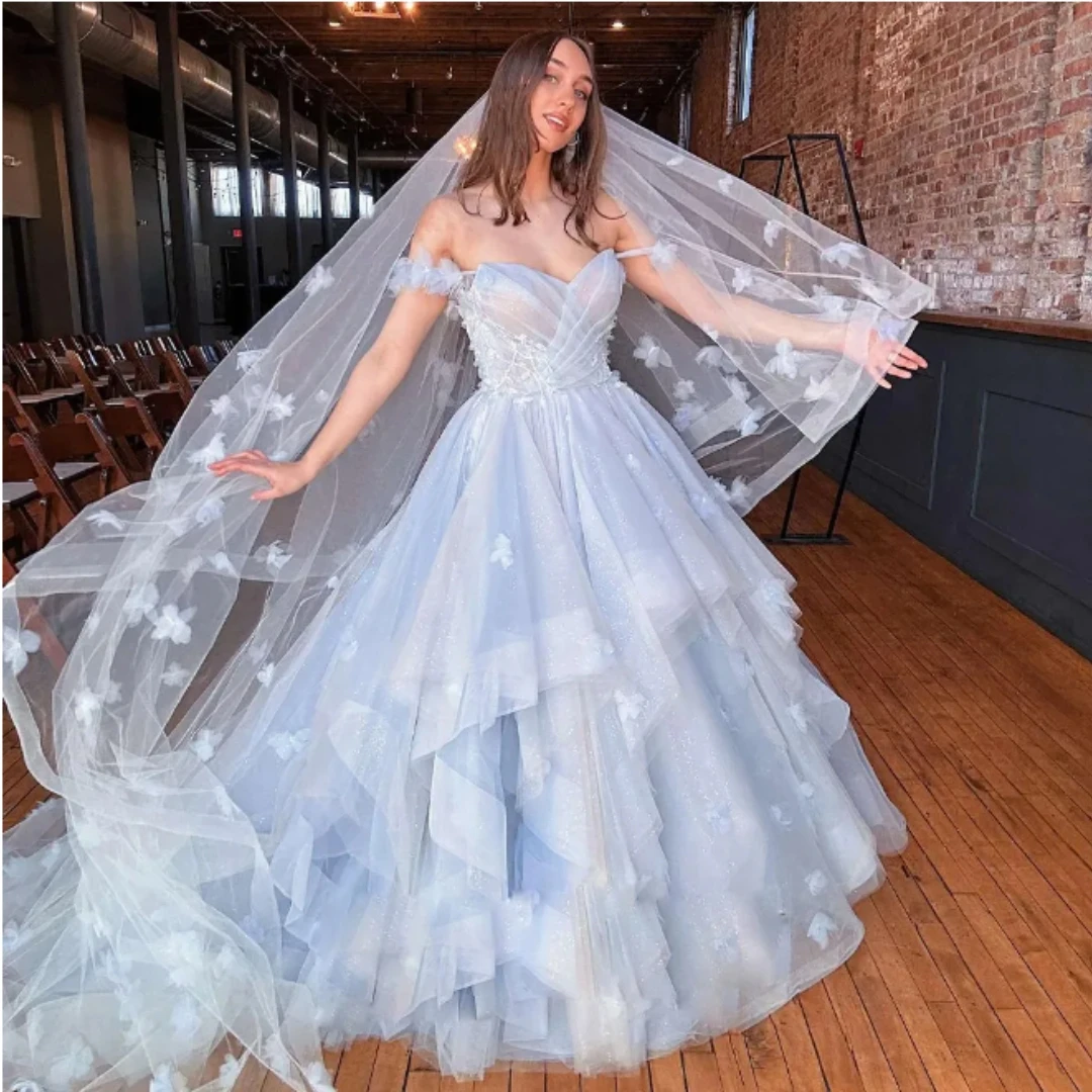 2024 Blue Ball Gown Wedding Dresses Spaghetti Strap Handmade Flower Bridal Gown with Veil Ruffles Tiere Vestidos De Mariee