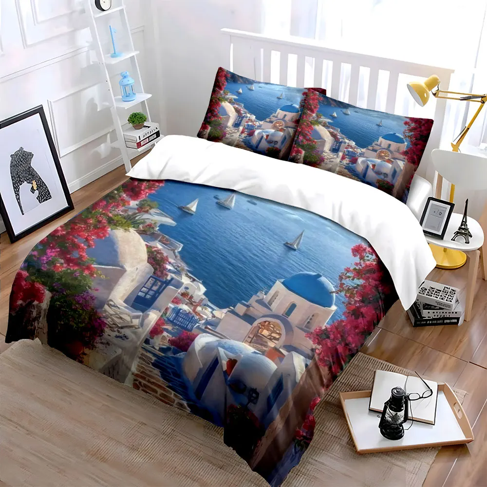

Santorini-Inspired Scenic Travel Set kid's and adults' bedroom decor, Exquisite three-piece bedding set gift