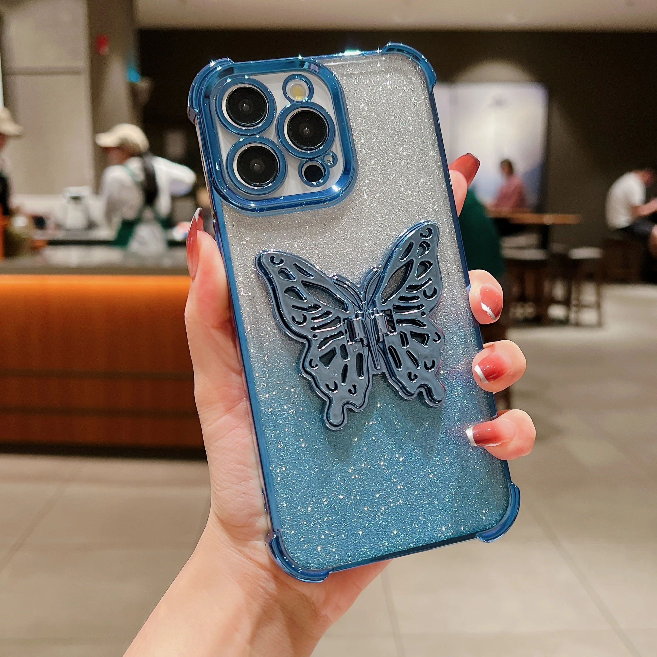 Fundas de teléfono chapadas con soporte de mariposa para IPhone, 15, 14 Pro Max, 13, 12, 11, purpurina degradada, protección a prueba de golpes, cubierta trasera