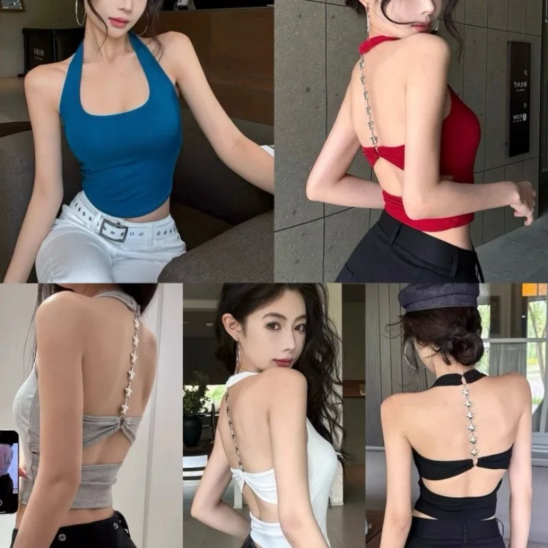 Sexy Cotton Halter Neck Cami for Women Sweet American Girl's Star Backless Star Chain Detail Padded Summer Hot Y2K Top