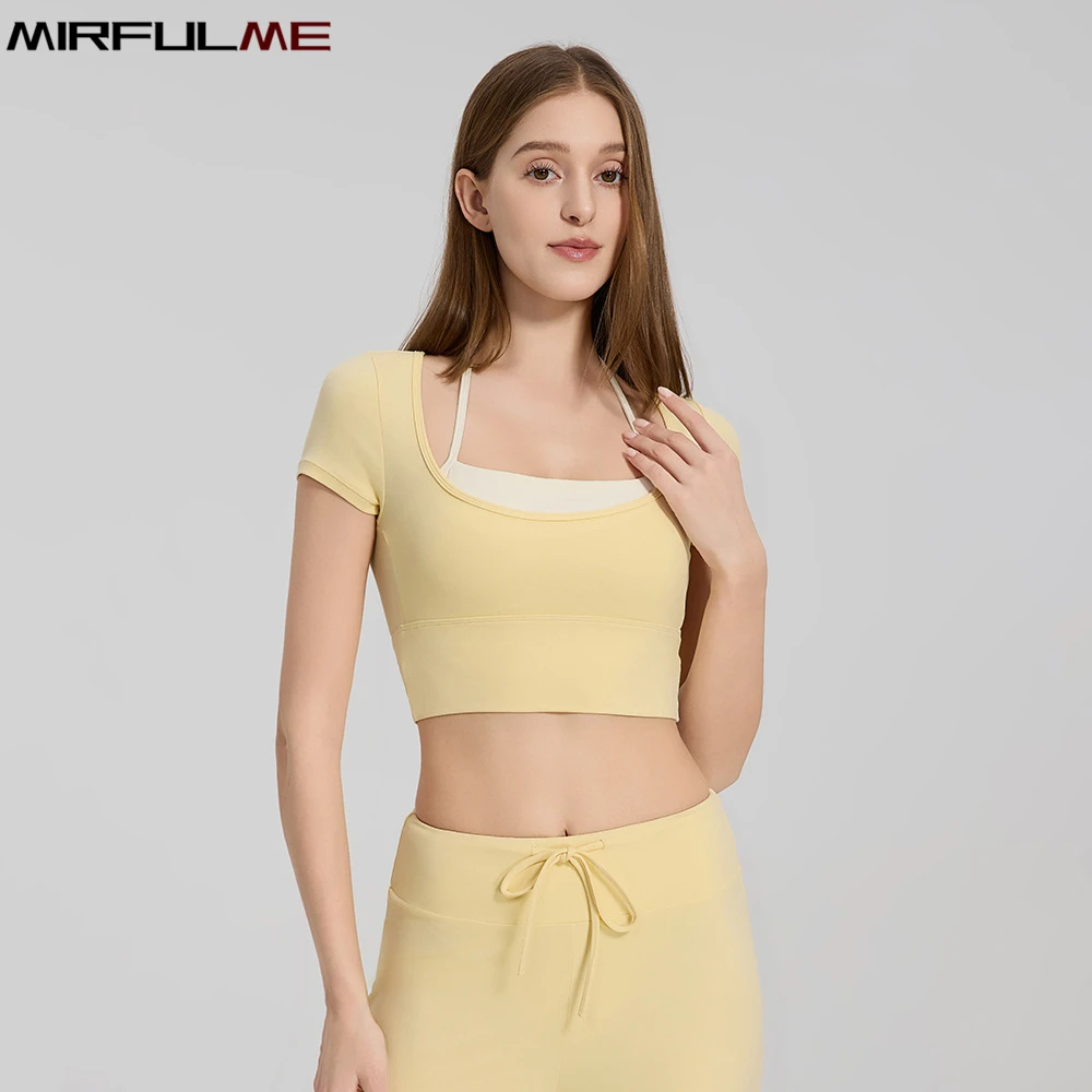 

Summer Women Slim Yoga Shirts With Pad Short Sleeves Sports T-Shirts Fake Two-Piece Running Shirt Fitness Gym Bra Tops Sportwear