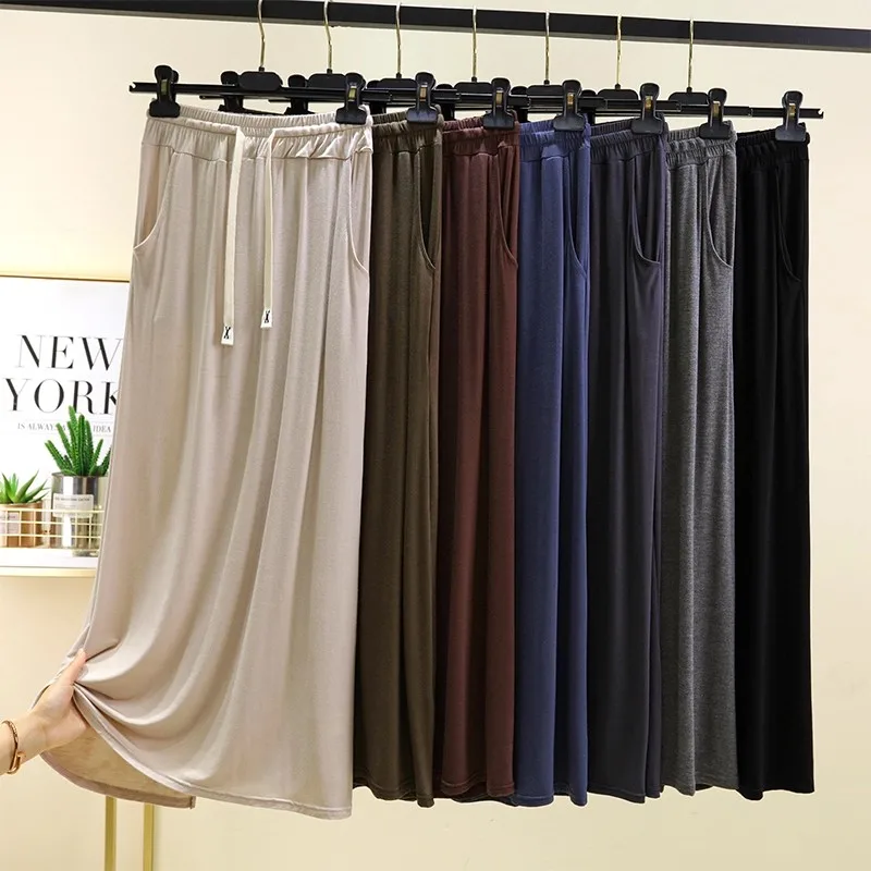 Summer Pockets Drawstring Elastic High Waist Long Skirts Women Solid Thin Modal Skirt Female A Line Big Swing Maxi Skirt Saia