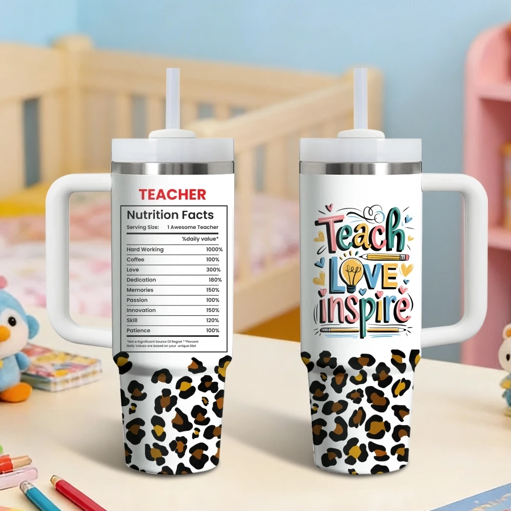 Teacher Nutrition Facts Leopard Vacuum Flasks 40oz Stainless Steel Vacuum Insulated Tumbler with Straw Leak Resistant Travel Mug
