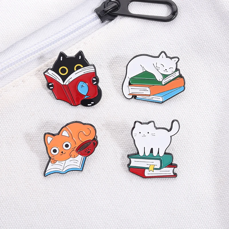 Cartoon Cute Cat Reading Book Enamel Pins Lively Kitten Bookworm Brooches Clothes Lapel Hat Badge Jewelry Gift for Kids Friends