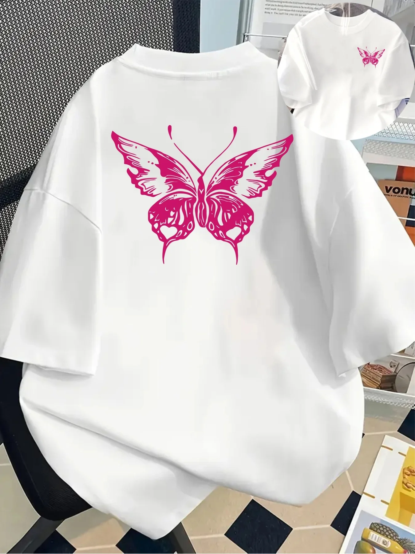 Rosa T-Shirts mit Schmetterlingsdruck, Sommer-Damen-Baumwoll-T-Shirts, Basic-T-Shirts mit O-Ausschnitt, übergroße Kurzarm-Tops, lässige Damenkleidung