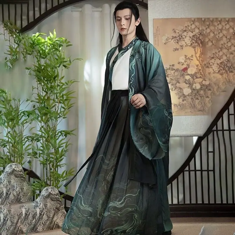 

Новинка Hanfu мужские китайские традиционные печатные Hanfu мужские градиентные белые и зеленые Hanfu 3 шт. наборы