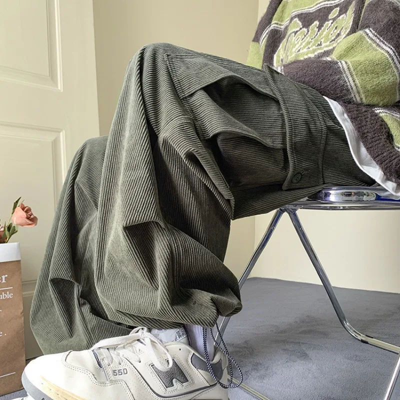 

Men Work Pants Corduroy Wide-legged Trouser Casual Pants for Man Adult Clothing Pocket Straight Leg Loose Casual Solid Cargo