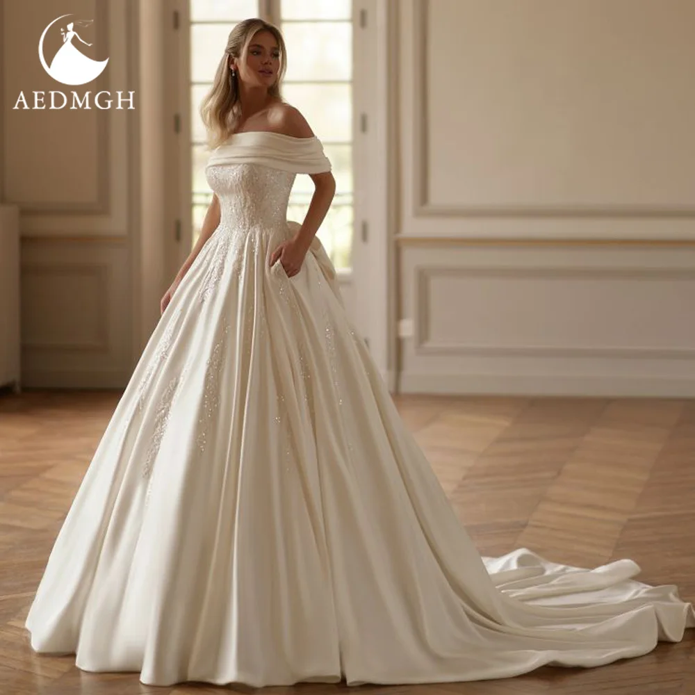 

Aedmgh Элегантные свадебные платья трапециевидной формы с вырезом лодочкой и открытыми плечами Vestido De Novia Матовое атласное винтажное свадебное платье на заказ