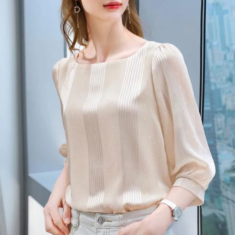 Women\'s Spring Fashion Simplicity Solid Color Square Collar Square Collar 3/4 Sleeve Shirts Women Clothes All-match Elegant Tops