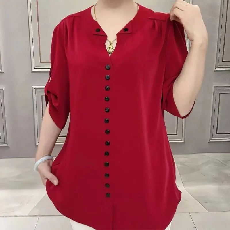 

Basic Loose V-Neck Blouse Commute Solid Color Female Clothing Fashion Button 2026 Summer New Casual Short Sleeve Vintage Shirt
