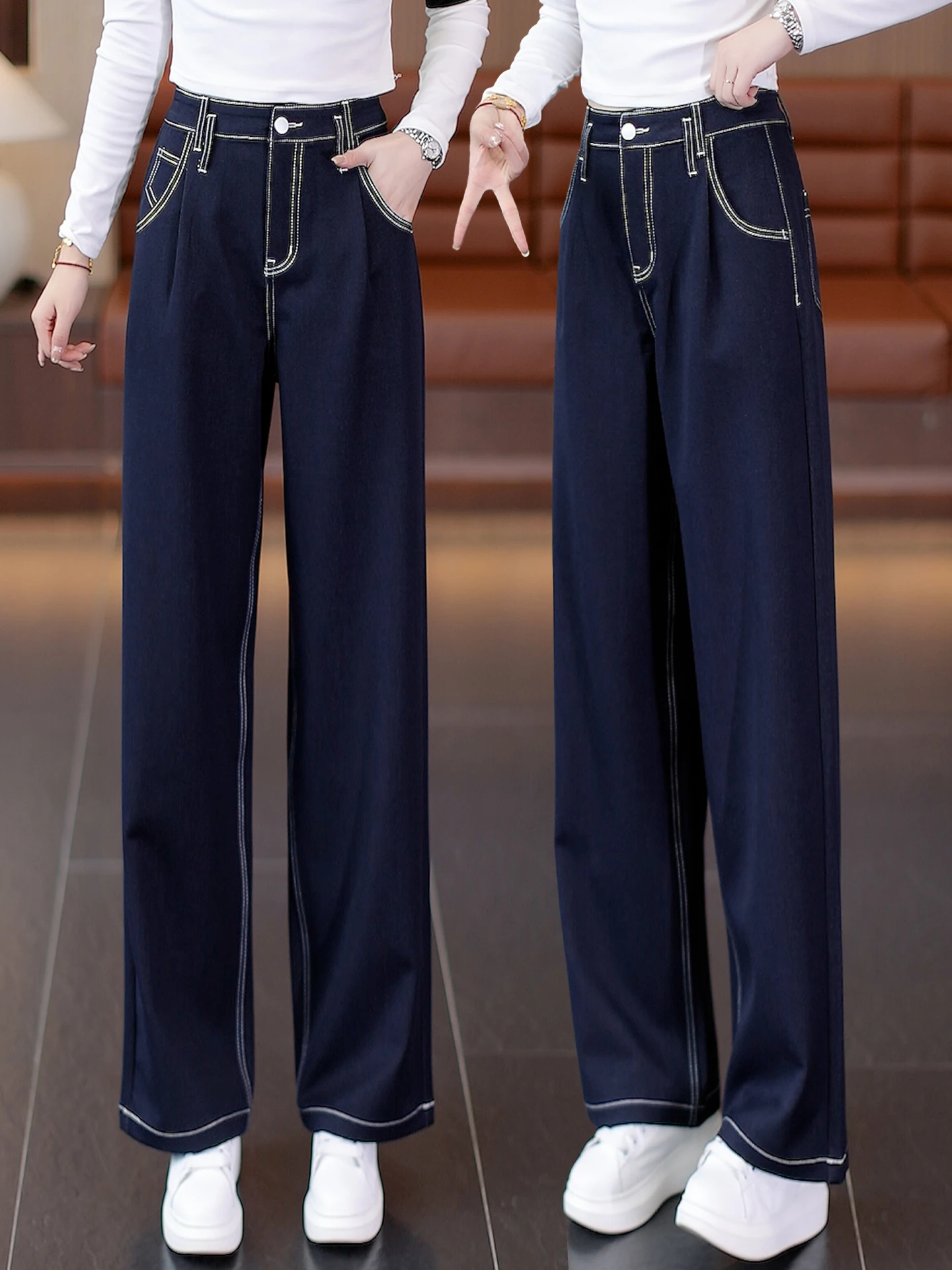 

Женские джинсы с высокой талией, свободного кроя, синие, широкие штанины, весна-осень, новый стиль, популярные прямые брюки для повседневной носки