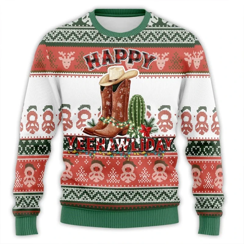 Western Cowboy Ugly Christmas  For Men Clothes Rodeo Man Funny Ugly Sweaters Xmas Holiday Crew Neck Sweatshirt Boy Top