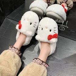 Fashion Sanrio Hello Kitty Plush Slipper Cartoon Kt Cat Warm Winter Indoor Slippers Flat Casual Non-Slip Girls Home Shoes Gift ﻿