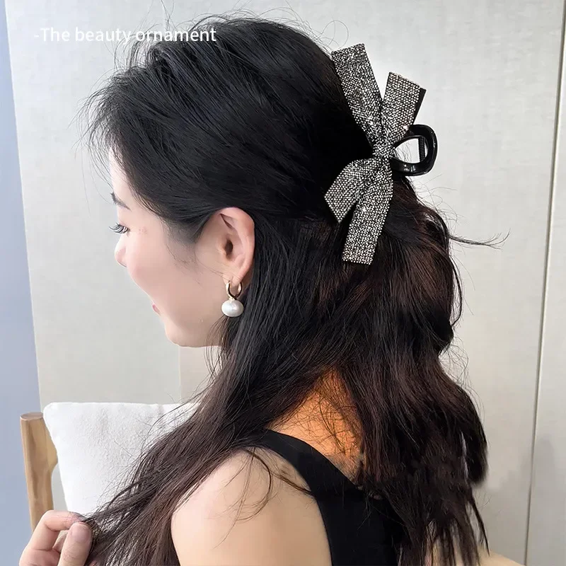 2024 New Sparkling Rhinestone Bow Clip Elegant Women\'s Fashionable High-end Ponytail Hair Clip Headwear