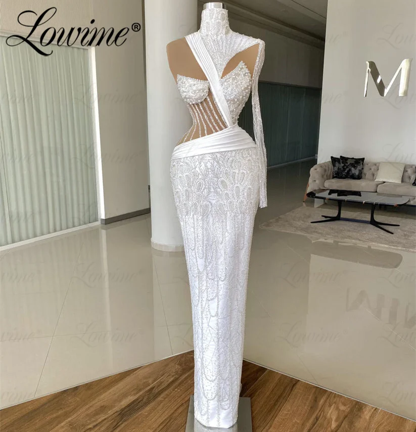 Lowime Haute Couture gaun pesta putih, satu bahu Cut-out payet manik-manik putri duyung lengan panjang gaun malam seksi gaun Prom