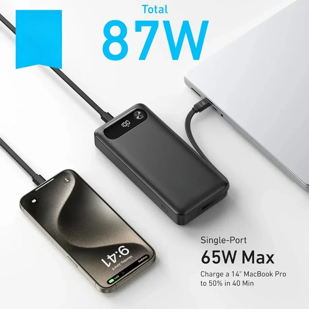 With Built-in USB-C Cable 65W Max Fast Charging 20000mAh Portable Backup Battery Pack A1383 Power Bank