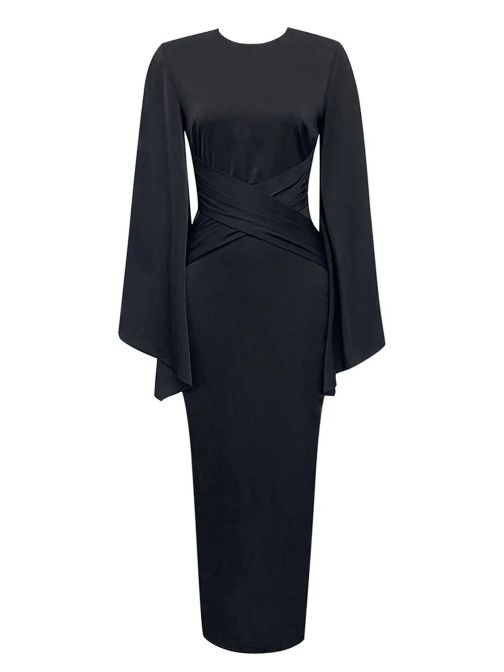 

2024 Autumn Elegant Women's Dress O-neck Horn Long Sleeve Bodycon Black Midi Dress Celebrity Cocktail Evening Party Vestidos