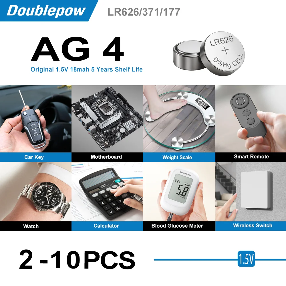 Doublepow original 2-10 LR626 AG4  button battery 1.5V 377 177 SR626SW watch calculator toy remote control coin battery