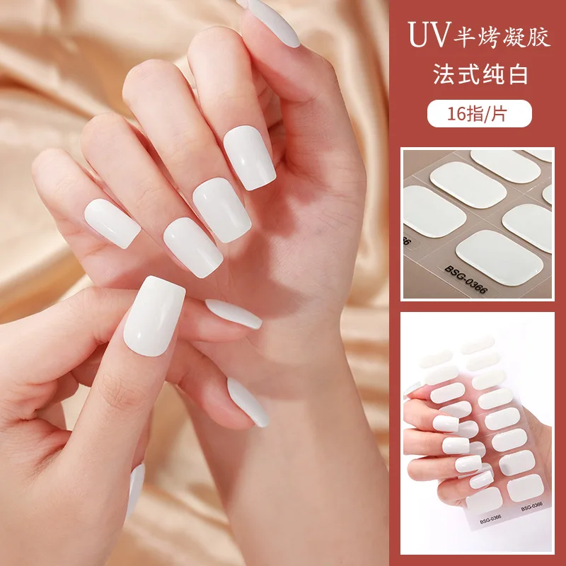 16 Strips Solid Color Scallion Powder Semi-cured Gel Nail Stickers Waterproof Gel Nail Art Stickers Full Cover UV Lamp Need