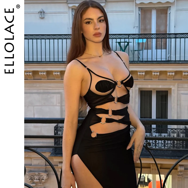

Ellolace Premium Women's Dress Willowy Splicing Long Dress 2PC Set Asymmetrical Metal Decor Hollow Women's Underwear Uncensored