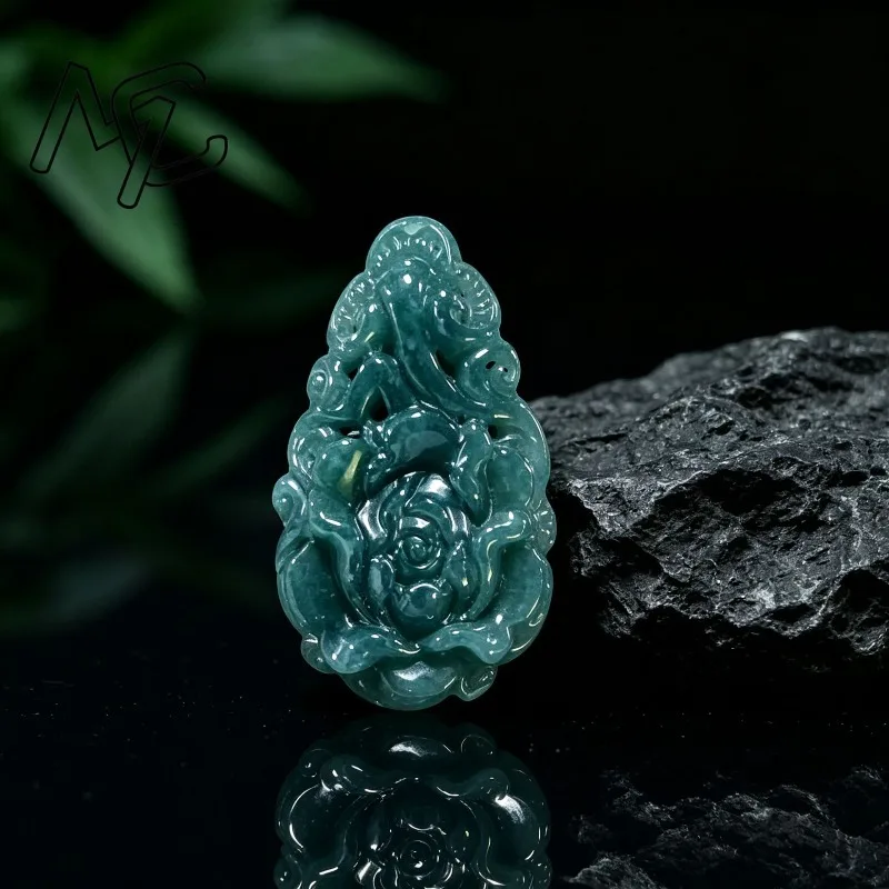 Natural A Grade Burmese Blue Water Jadeite Pendant Hand Carved Peony Flower Amulet Jade Floral Necklace Charm Lucky Jewelry Gift 4