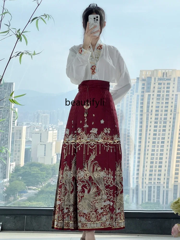 

Hanfu Phoenix Woven Gold Makeup Flower Horse-Face Skirt Ming Hanfu Machine Embroidery Aircraft Sleeve New Suit