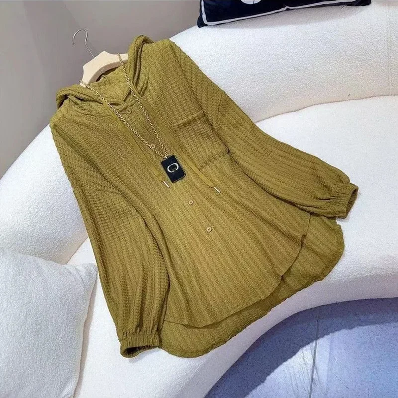 

Fashion Women Clothing Spring Autumn New Loose Button Hooded Shirt Tops Long Sleeve Solid Color Mid Length Cardigan Trend Casual