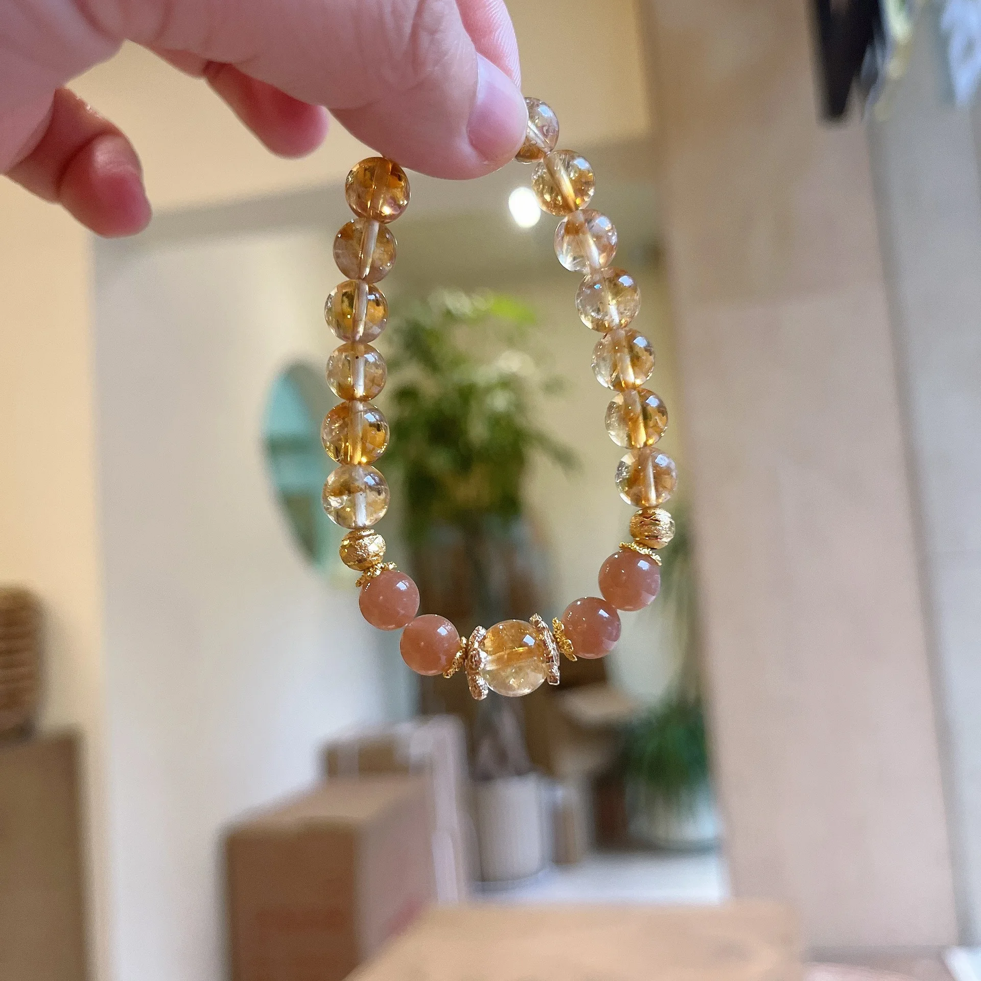 Chinese Style Lucky 8mm Citrine Sunstone Orange Moonstone Beaded Bracelet For Women Elegant Luxury Wealth Attracting Good Fortun