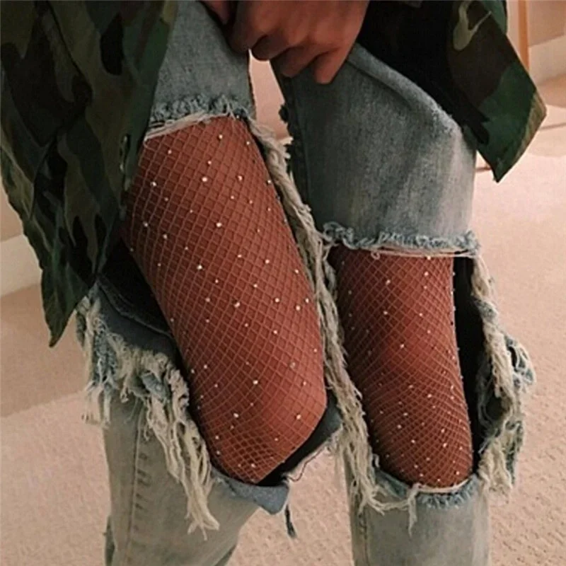 Fishnet Diamond Pantyhose Women  Fashion Shiny Net Tights Female Slim Rhinestone Mesh Nylon Stockings Tights