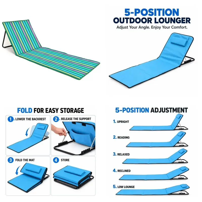 Foldable beach chair, portable sun lounger, adjustable backrest, polyester outdoor lounge chair, suitable for beach, camping,