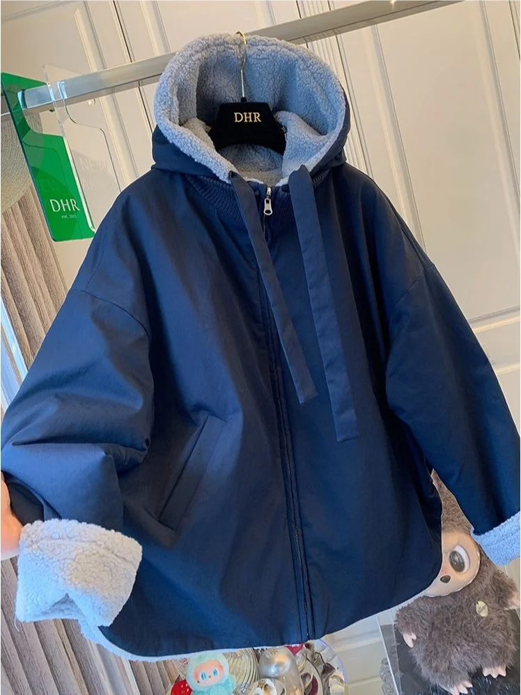 

Extra Large 300 Pou Korean Sle Double-Sided Lamb Fur Hooded ex Autumn Winter Loose Thi Warm Cotton Jaet Coat