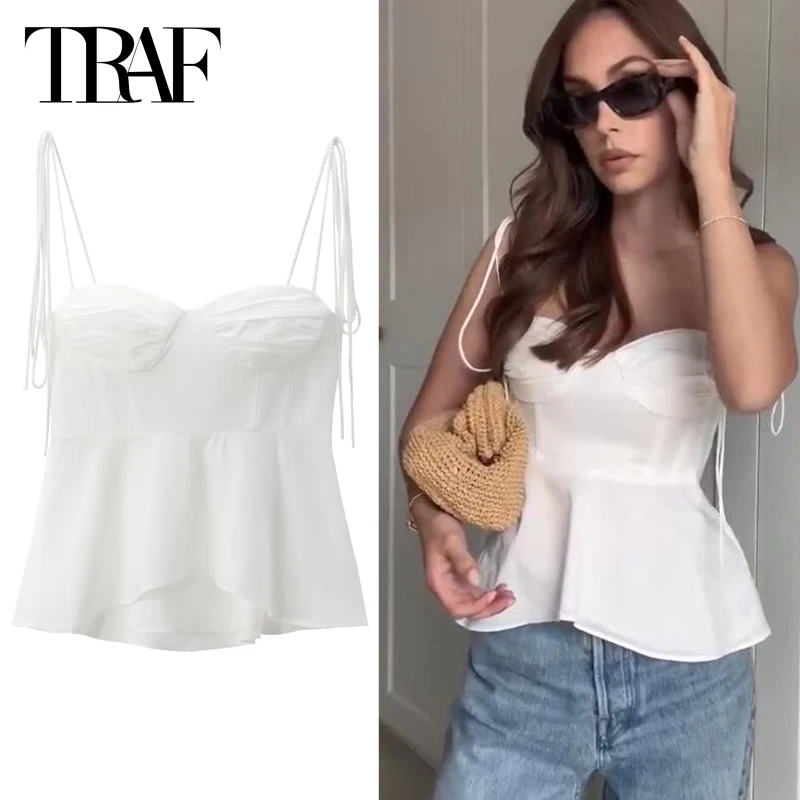 TRAF Fashion Woman White Backless Tube Top 2024 Corset Cropped Top Summer Elegant Strappy Sleeve Sexy Strap Vests All-Match Tops