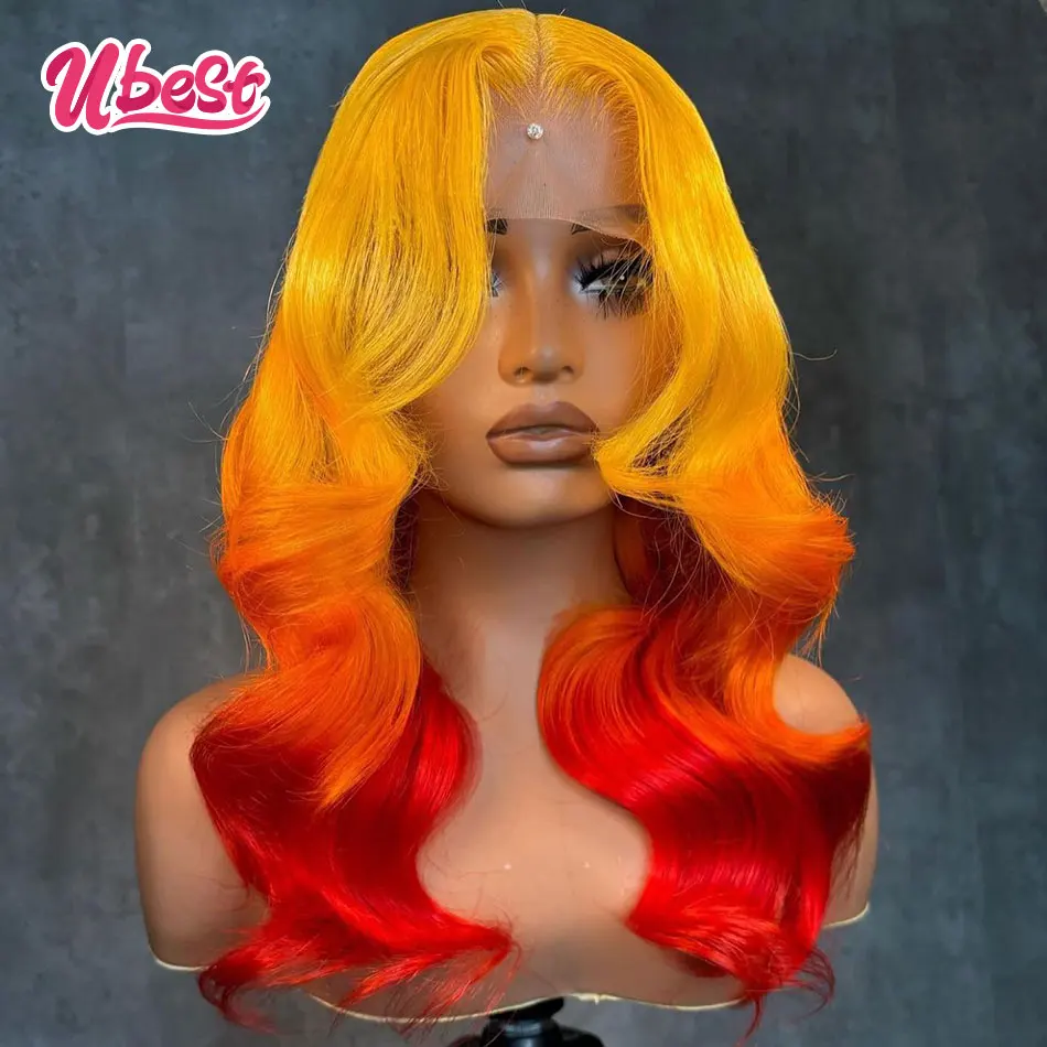 Ombre Oranje Rood Gekleurde 13X6 Body Wave Transparante Kant Voorkant Pruiken 100% Menselijk Haar 180 Dichtheid Braziliaans Haar Remy Hair Pruiken Mannen