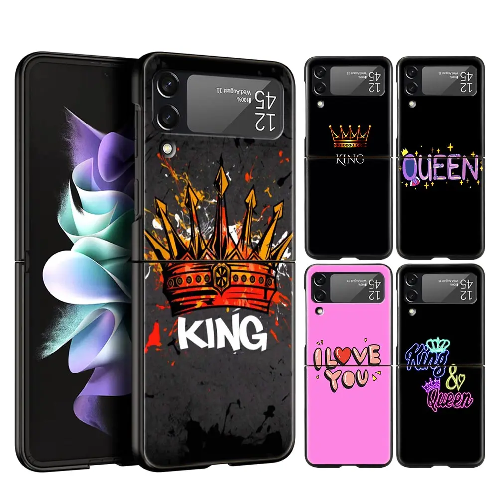 Crown QUEEN & KING Couples Phone Case For Samsung Z Flip3 Flip4 Flip5 Shell For Z Flip 3 Flip 5 4 5G Black Hard Folding Cover