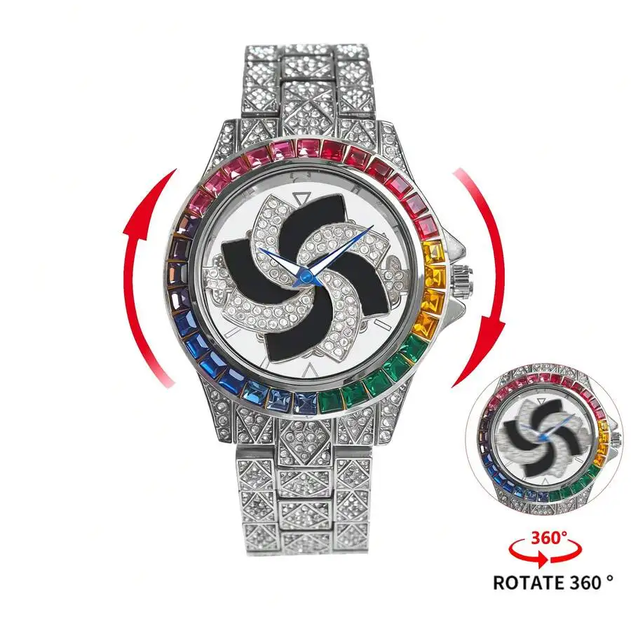 1PC Luxury Men's Silver Ice Watch, Paired With A Hip-Hop Spiral 360 ° Dial And Rainbow Square Diamond Border Embellishment, An - view 3