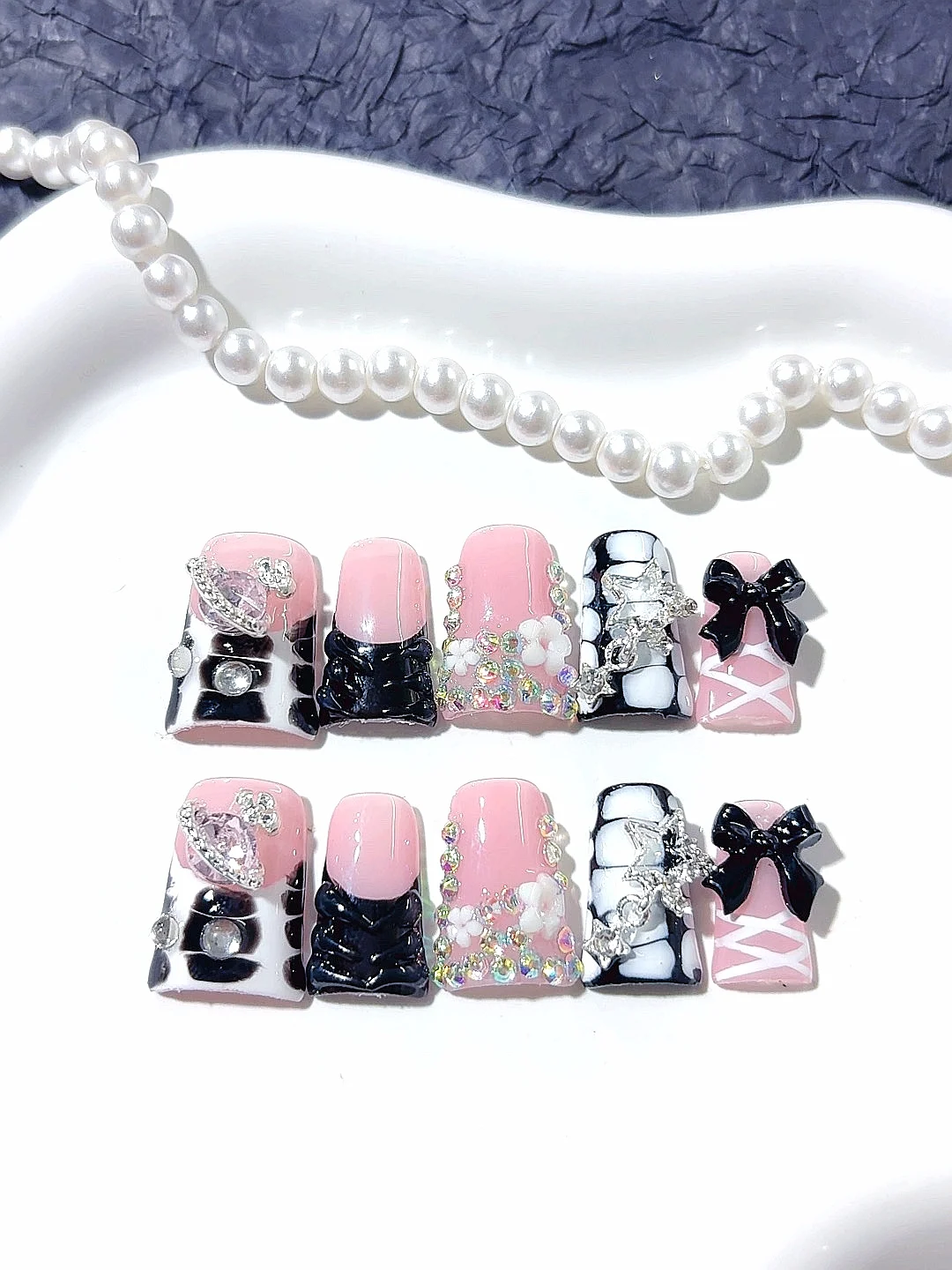 Roze zwarte strik strass raster pers op nagels (L225)