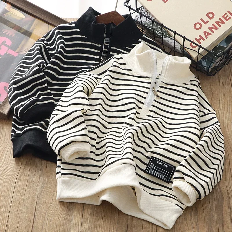 New 2024 Kids Fashion Zipper Stand Collar Striped Hoodies Tops Baby Boys Autumn Casual Pullover Sweatshirt Children's Clothing